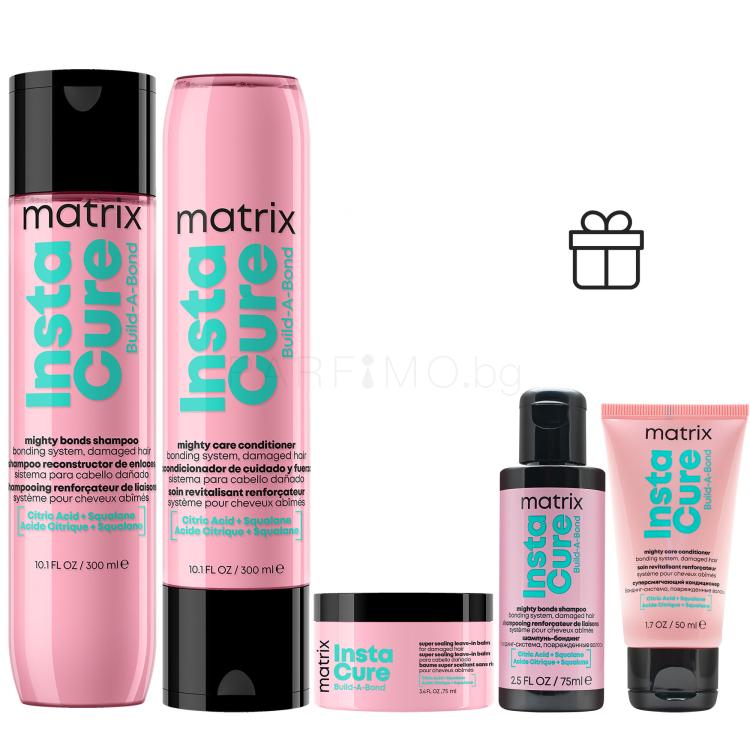 Пакет с отстъпка Шампоан Matrix Instacure Build-A-Bond Mighty Bonds Shampoo + Балсам за коса Matrix Instacure Build-A-Bond Mighty Care Conditioner + Грижа „без отмиване“ Matrix Instacure Build-A-Bond Super Sealing Leave-In Balm + Шампоан Matrix Instacure Build-A-Bond Mighty Bonds Shampoo + Маска за 