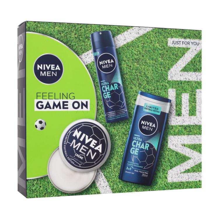 Nivea Men Feeling Game On Подаръчен комплект крем за лице, тяло и ръце Men Creme 150 ml + антиперспирант Men Ultra Charge 150 ml + душ гел Men Ultra Charge 250 ml