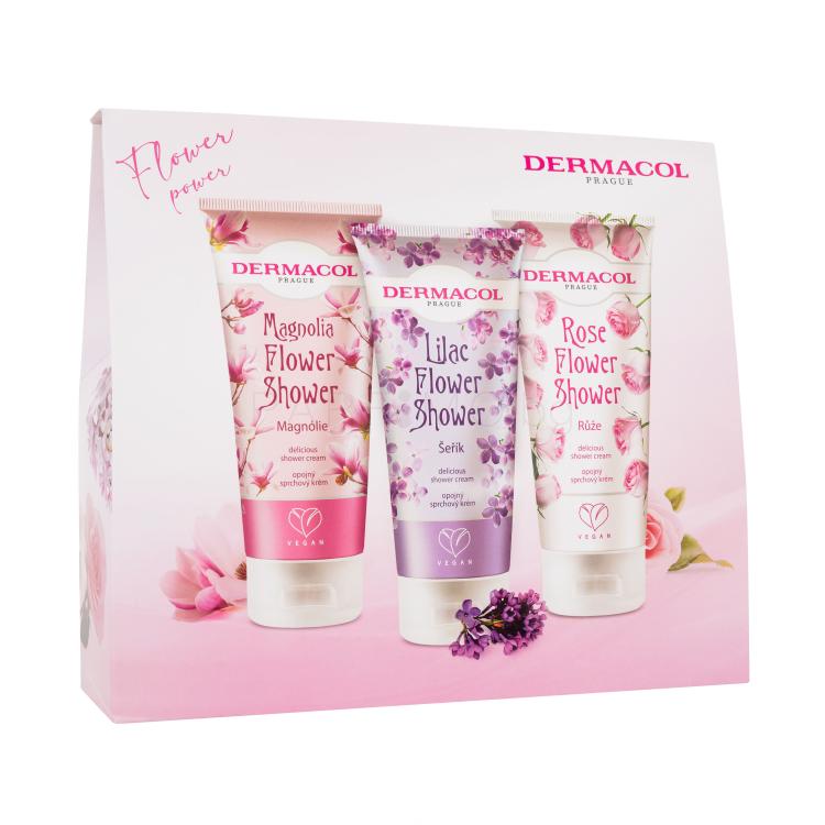 Dermacol Flower Power Подаръчен комплект душ крем Магнолия 200 ml + душ крем Люляк 200 ml + душ крем Роза 200 ml