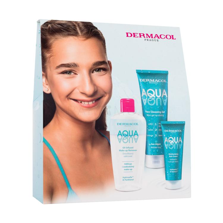 Dermacol Aqua Подаръчен комплект крем за лице Aqua Moisturizing Rich Cream 50 ml + почистващ гел за лице Aqua Face Cleansing Gel 150 ml + средство за премахване на грим Aqua Oil-Infused Make-Up Remover 200 ml