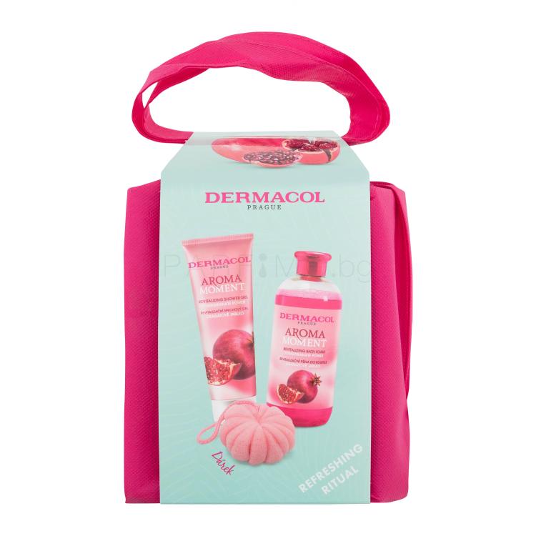 Dermacol Aroma Moment Pomegranate Power Подаръчен комплект душ гел Pomegranate Power 250 ml + пяна за вана Pomegranate Power 500 ml + гъба за миене + чанта