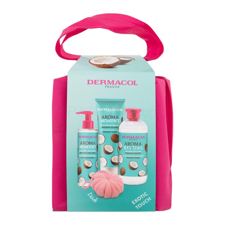 Dermacol Aroma Moment Brazilian Coconut Подаръчен комплект душ гел Бразилски Кокос 250 ml + пяна за вана Бразилски Кокос 500 ml + течен сапун Бразилски Кокос 250 ml + гъба за миене + чанта