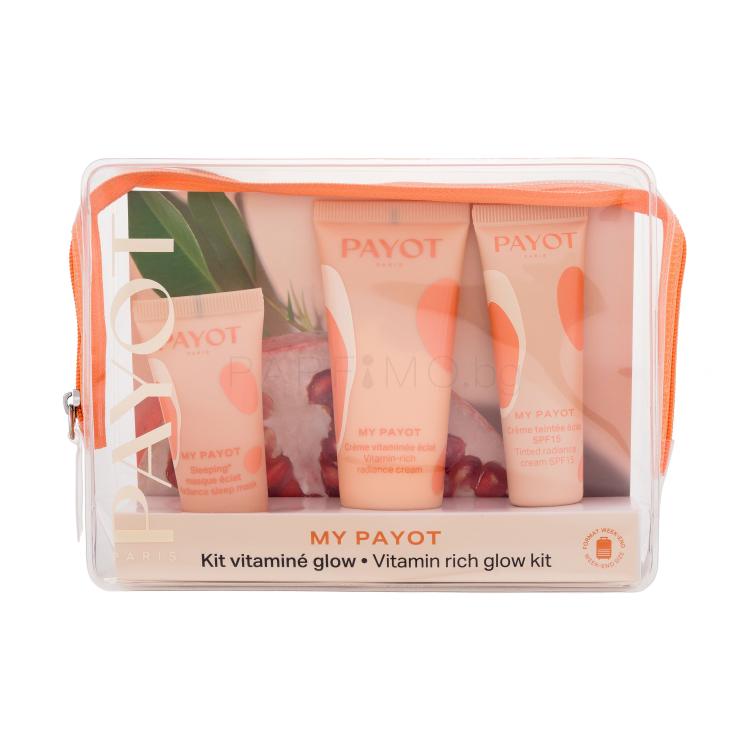 PAYOT My Payot Vitamin Rich Glow Kit Подаръчен комплект дневен крем за лице 30 ml + крем за лице SPF 15 20 ml + нощна маска за лице 15 ml + чантичка