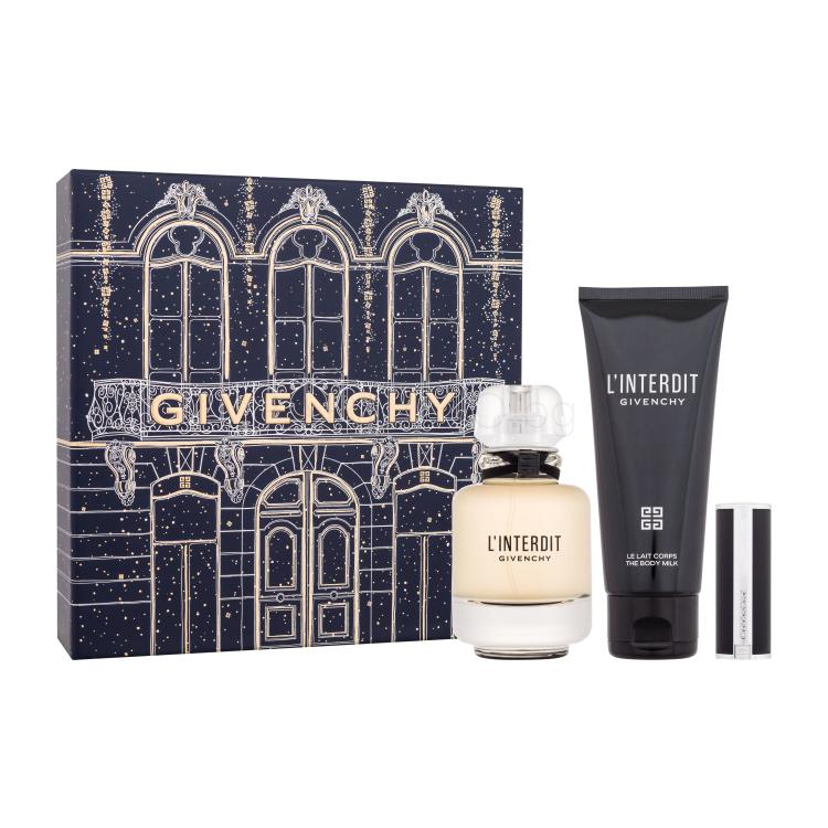 Givenchy L&#039;Interdit Подаръчен комплект EDP 50 ml + лосион за тяло 75 ml + червило Le Rouge Interdit Intense Silk 1,5 g 333