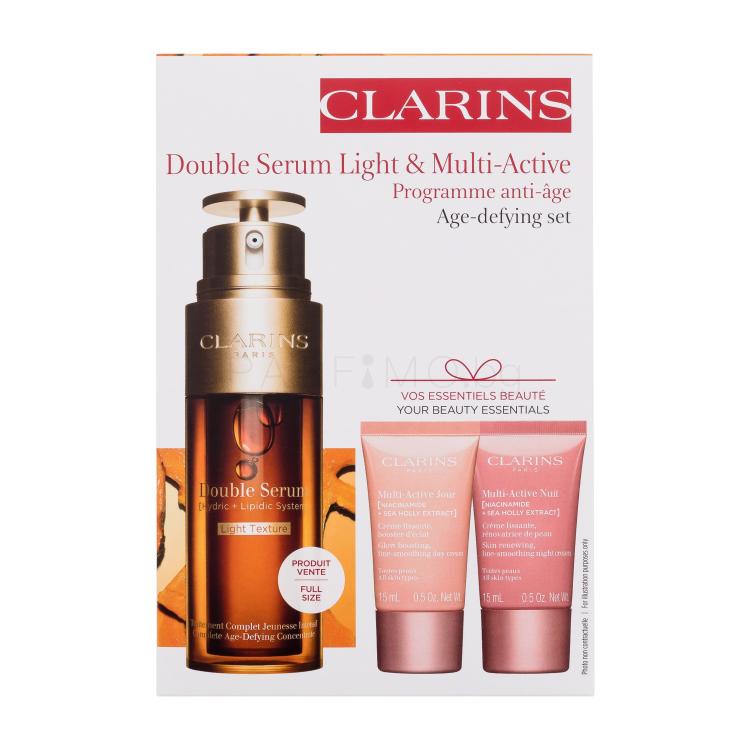 Clarins Double Serum Light &amp; Multi-Active Age-defying Set Подаръчен комплект серум за лице Double Serum Light Texture 50 ml + дневен крем за лице Multi-Active Day Cream 15 ml + крем за лице Multi-Active Night Cream 15 ml + околоочен серум Double Serum Eye 0,9 ml