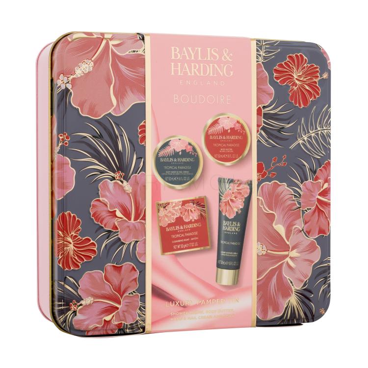 Baylis &amp; Harding Boudoire Tropical Paradise Luxury Pamper Tin Подаръчен комплект Масло за тяло 50 ml + душ крем 50 ml + сапун 50 g + крем за ръце и нокти 50 ml + метална кутийка