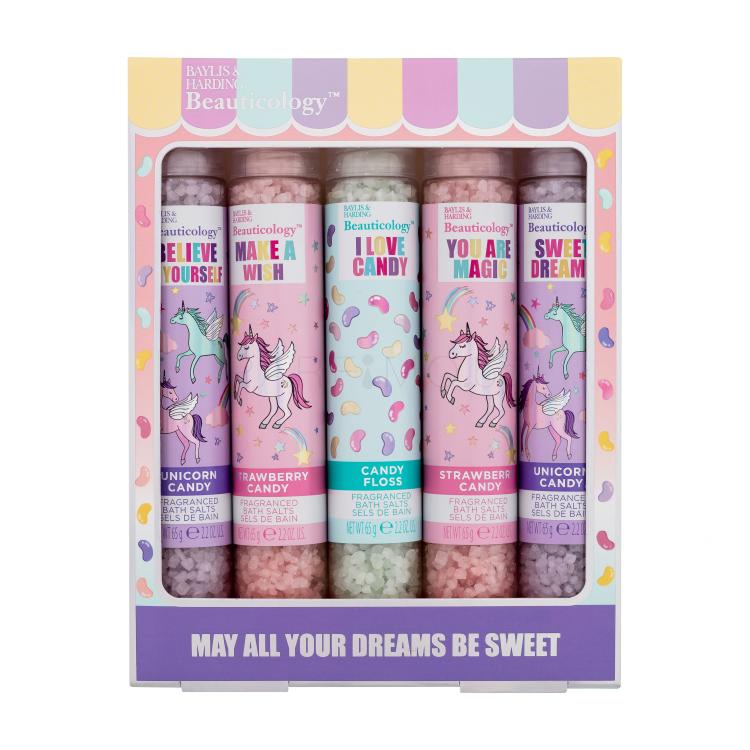 Baylis &amp; Harding Beauticology May All Your Dreams Be Sweet Подаръчен комплект Сол за вана Unicorn Candy 2 x 65 g + сол за вана Strawberry Candy 2 x 65 g + сол за вана Candy Floss 65 g