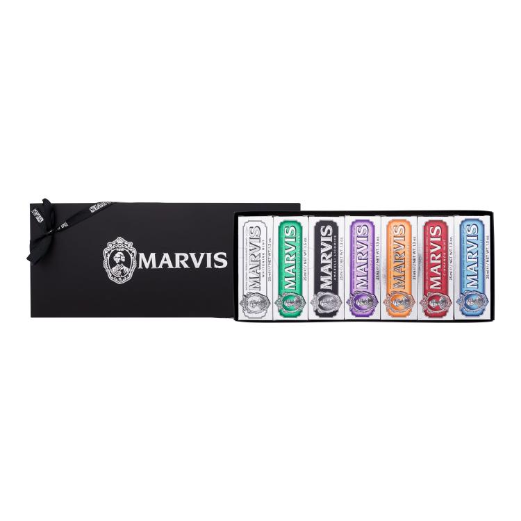 Marvis 7 Toothpastes Box Подаръчен комплект Aquatic Mint 25 ml + Cinnamon Mint 25ml + Ginger Mint 25 ml + Classic Strong Mint 25 ml + Jasmin Mint 25 ml + Amarelli Licorice 25 ml + Whitening Mint 25 ml