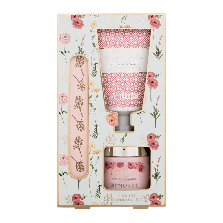 Baylis &amp; Harding Royale Garden Luxury Manicure Set Подаръчен комплект крем за ръце Royale Garden Rose, Poppy &amp; Vanilla 50 ml + минерална сол Royale Garden Rose, Poppy &amp; Vanilla 70 g + пила за нокти увредена кутия