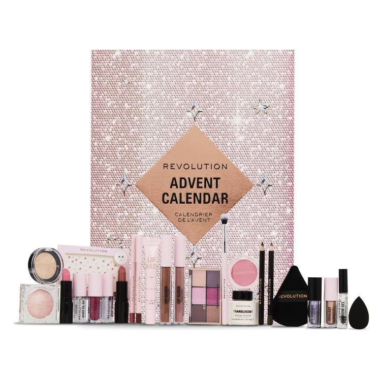 Makeup Revolution London Advent Calendar 2024 Подаръчен комплект червило 4 бр + гланц за устни 3 бр + молив за устни 2 бр + маска за устни 1 бр + олио за устни 1 бр + четка за очи 1 бр + мини палитра Reloaded 1 бр + течни сенки 1 бр + руж 2 бр + молив за очи 2 бр + гел за вежди 1 бр + хайлайтър 2 бр