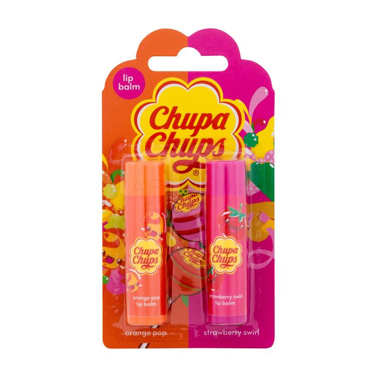 Chupa Chups Lip Balm Duo SET2 Подаръчен комплект балсам за устни 4 g Orange Pop + балсам за устни 4 g Strawberry Swirl