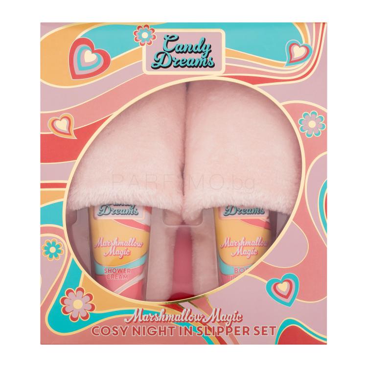 Xpel Candy Dreams Marshmallow Magic Cosy Night In Slipper Set Подаръчен комплект душ крем Marshmallow Magic 100 ml + лосион за тяло Marshmallow Magic 100 ml + 1 чифт меки пантофи