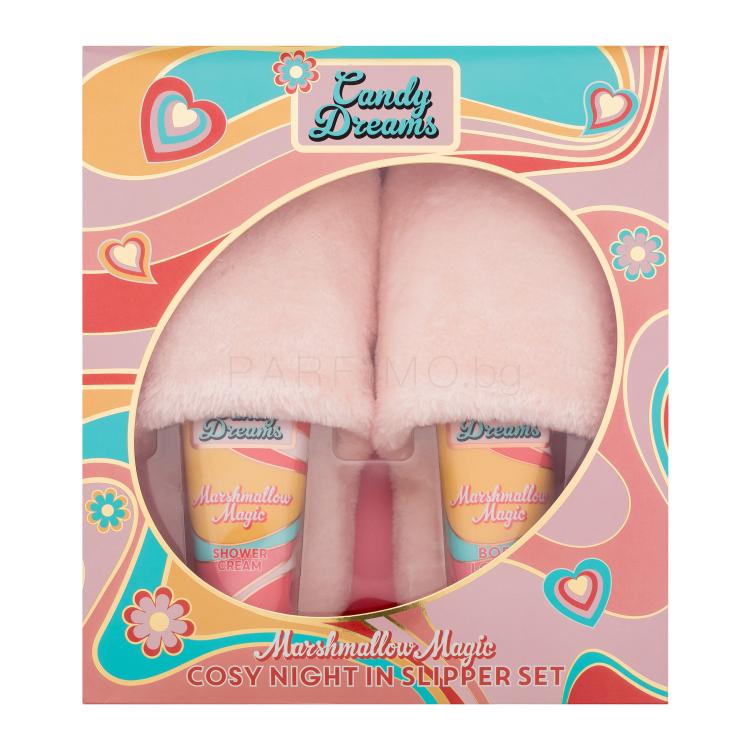 Xpel Candy Dreams Marshmallow Magic Cosy Night In Slipper Set Подаръчен комплект душ крем Marshmallow Magic 100 ml + лосион за тяло Marshmallow Magic 100 ml + 1 чифт меки чехли увредена кутия