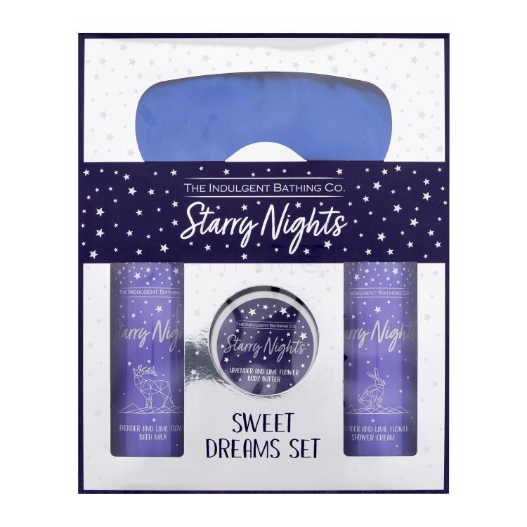 The Indulgent Bathing Co. Starry Nights Sweet Dreams Set Подаръчен комплект душ крем Lavender And Lime Flower Shower Cream 300 ml + мляко за баня Lavender And Lime Flower Bath Milk 300 ml + масло за тяло Lavender And Lime Flower Body Butter 100 ml + маска за сън Satin Sleep Mask 1 бр увредена кутия