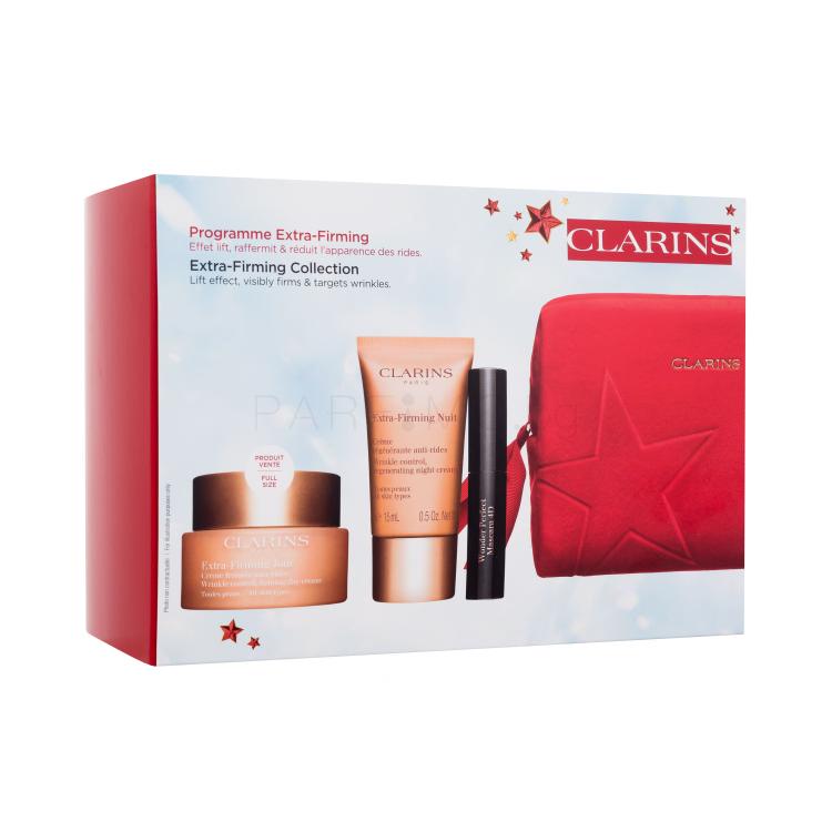 Clarins Extra-Firming Collection Подаръчен комплект дневен крем за лице Extra-Firming Jour 50 ml + нощен крем за лице Extra-Firming Nuit 15 ml + спирала Wonder Perfect Mascara 4D 3 ml 01 Perfect Black + серум за лице Double Serum 0,9 ml + червена козметична чантичка