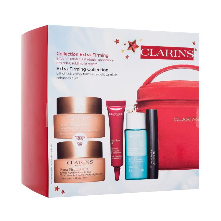 Clarins Extra-Firming Collection Подаръчен комплект дневен крем за лице Extra-Firming Jour 50 ml + нощен крем за лице Extra-Firming Nuit 50 ml + околоочен крем Total Eye Lift 7 ml + демакиант за очи Instant Eye Make-Up Remover 30 ml + спирала Wonder Perfect Mascara 4D 3 ml 01 Perfect Black + серум з