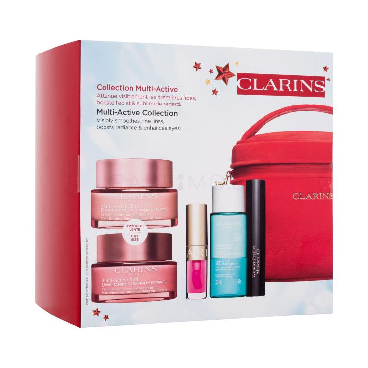 Clarins Multi-Active Collection Подаръчен комплект дневен крем за лице Multi-Active Jour 50 ml + нощен крем за лице Multi-Active Nuit 50 ml + масло за устни Lip Comfort Oil 1,4 ml 04 Pitaya + демакиант за очи Instant Eye Make-Up Remover 30 ml + спирала Wonder Perfect Mascara 4D 3 ml 01 Perfect Black