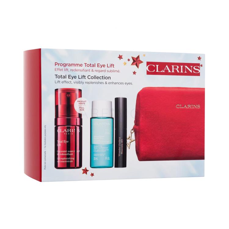 Clarins Total Eye Lift Collection Подаръчен комплект околоочен крем Total Eye Lift 15 ml + демакиант за очи Instant Eye Make-Up Remover 30 ml + спирала Wonder Perfect Mascara 4D 3 ml 01 Perfect Black + червена козметична чантичка