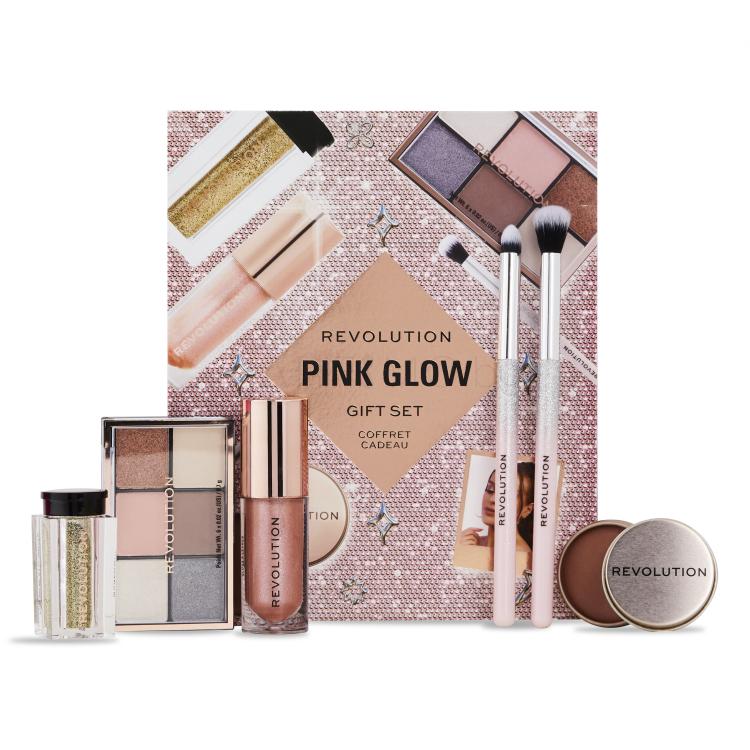 Makeup Revolution London Pink Glow Gift Set Подаръчен комплект палитра сенки за очи Mini Reloaded Palette 4,2 g + блясък за устни Shimmer Bomb 4,5 ml Glimmer Nude + брокат за тяло Viva Loose Body Glitter 3 g Partaay Gold + мултифункционлане балсам за лице, очи и устни Balm Glow 8,2 g Natural Nude + 