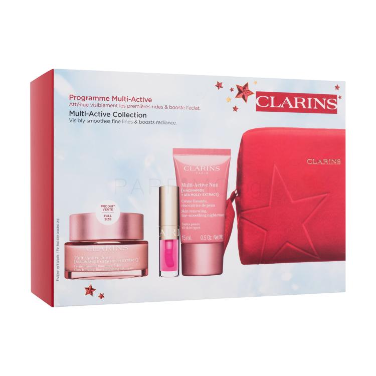 Clarins Multi-Active Collection Подаръчен комплект дневен крем за лице Multi-Active Day Cream 50 ml+ нощен крем за лице Multi-Active Nuit Cream 15 ml + блясък за устни Lip Comfort Oil 1,4 ml 04 Pitaya + серум за лице Double Serum 0,9 ml + козметична чантичка