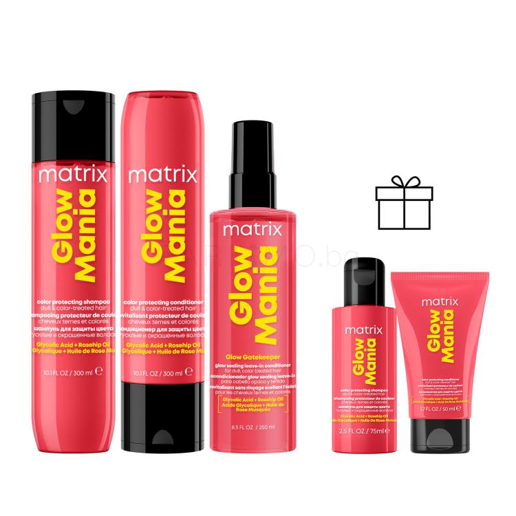 Пакет с отстъпка Шампоан Matrix Glow Mania Shampoo + Балсам за коса Matrix Glow Mania Conditioner + Грижа „без отмиване“ Matrix Glow Mania Glow Gatekeeper Leave-In Conditioner + Шампоан Matrix Glow Mania Shampoo + Балсам за коса Matrix Glow Mania Conditioner