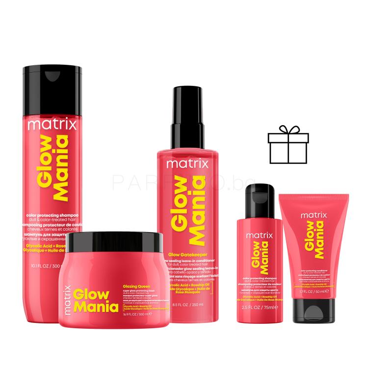 Пакет с отстъпка Шампоан Matrix Glow Mania Shampoo + Маска за коса Matrix Glow Mania Glazing Queen Mask + Грижа „без отмиване“ Matrix Glow Mania Glow Gatekeeper Leave-In Conditioner + Шампоан Matrix Glow Mania Shampoo + Балсам за коса Matrix Glow Mania Conditioner