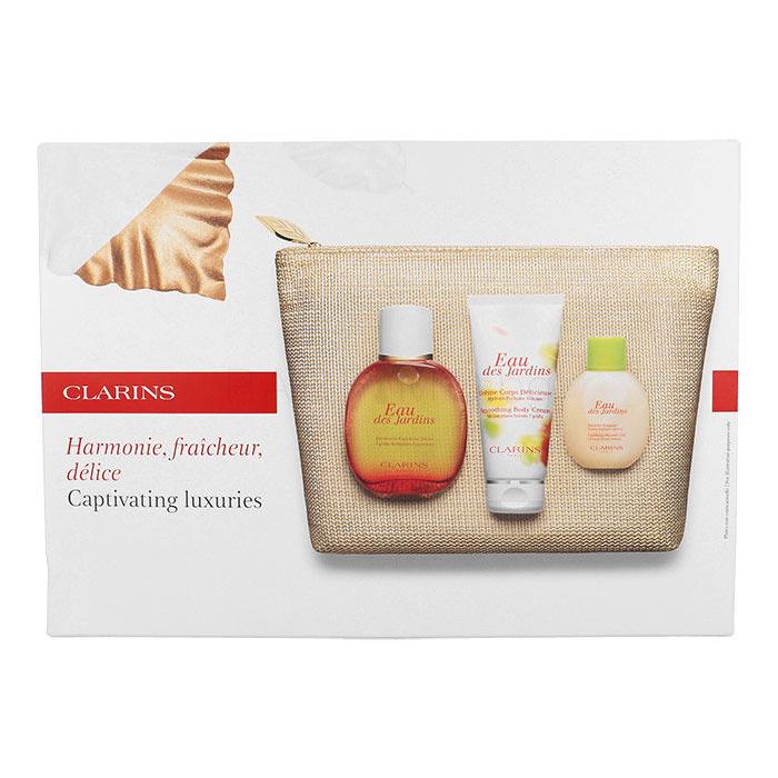 Clarins Eau Des Jardins Подаръчен комплект освежаваща вода 100 ml + омекотяващ крем за тяло 100 ml + душ гел 50 ml + чантичка