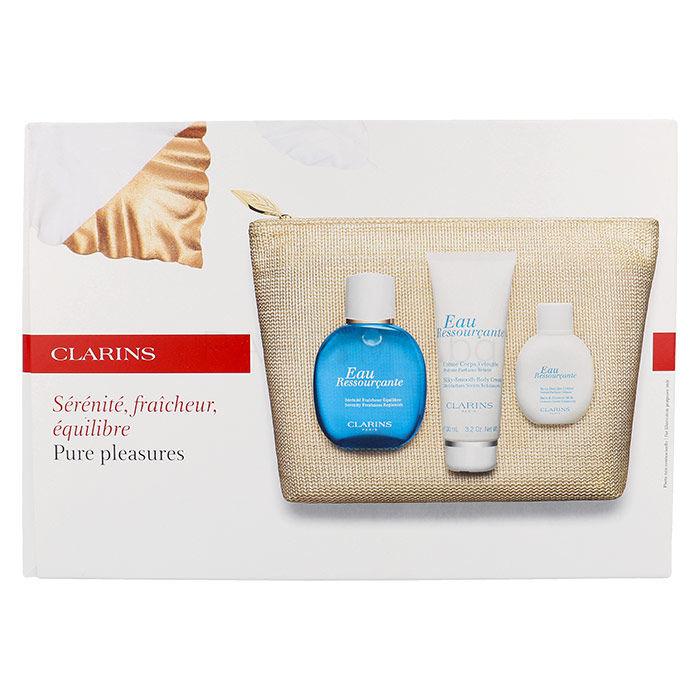 Clarins Eau Ressourcante Подаръчен комплект освежаваща вода 100 ml + лосион за тяло 100 ml + душ мляко 50 ml + чантичка