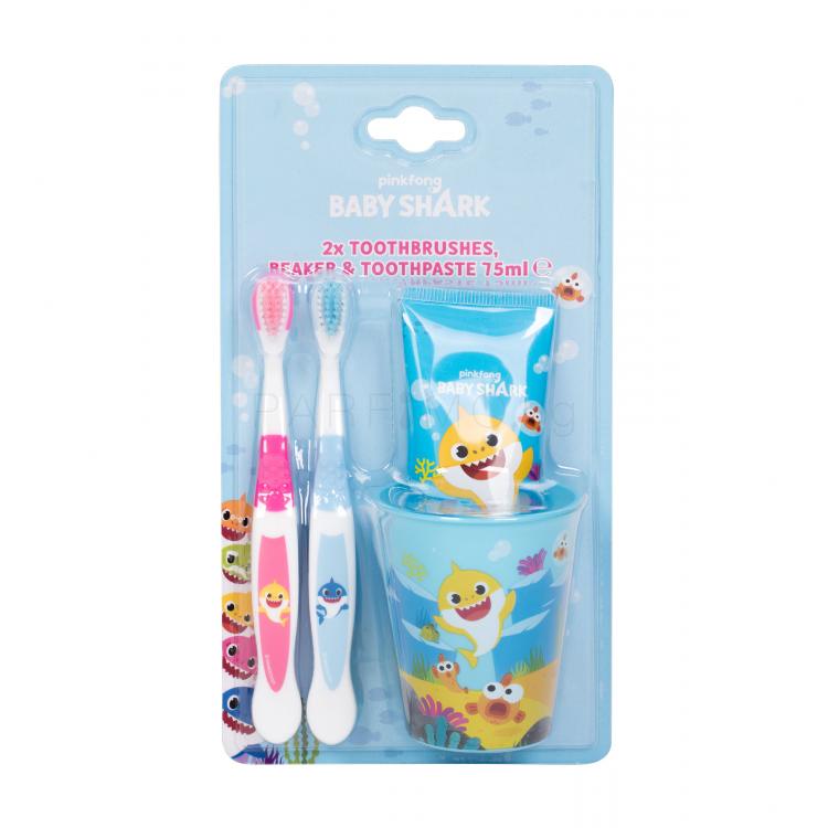 Pinkfong Baby Shark Set Подаръчен комплект четки за зъби 2 бр + паста за зъби 75 ml + чашка поставка за четки за зъби